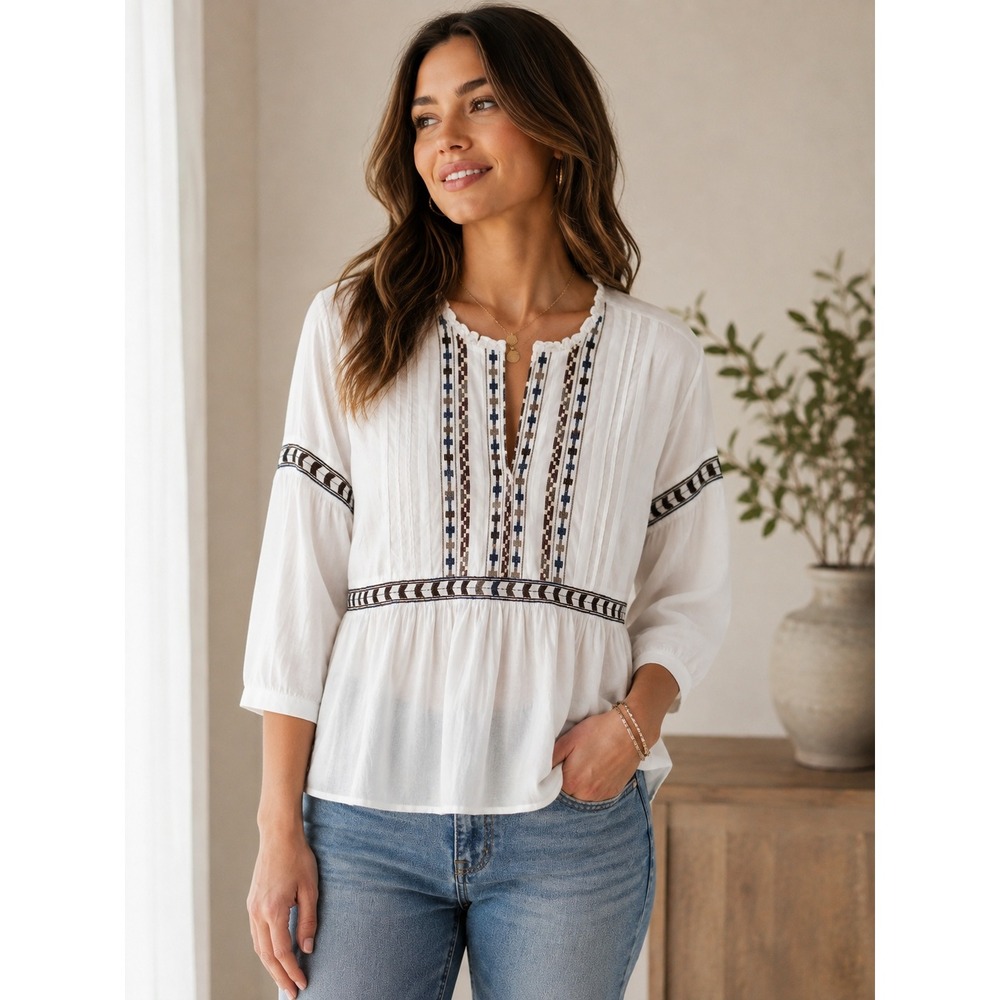 Lucky Brand Embroidered Peasant Top White Boho Long Sleeve Blouse Small